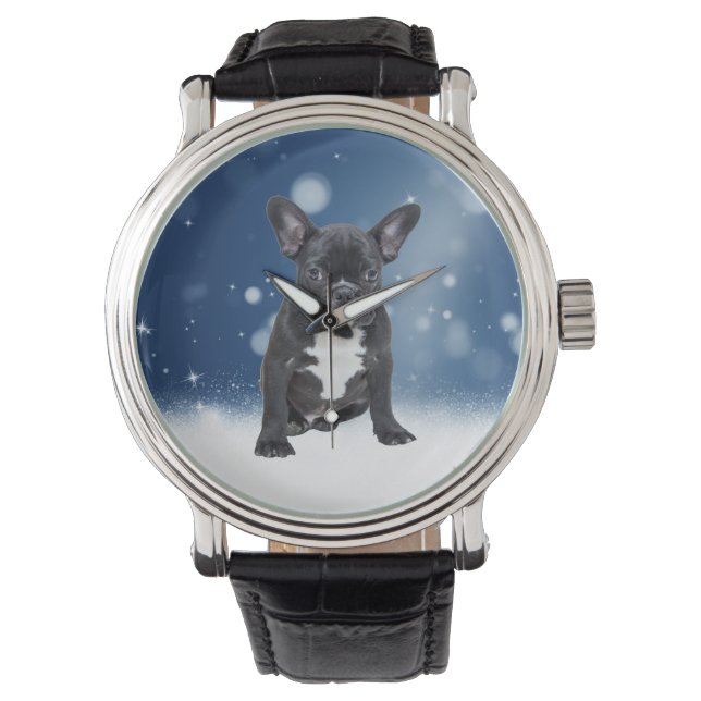 Cute French Bulldog Snow Stars Blue Christmas Watch (Front)