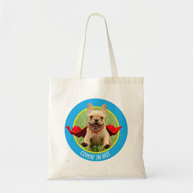 Cute French Bulldog Superhero Runs in Grass Tote Bag (Front)