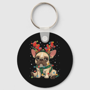 Cute French Bulldog Tangled Up In Christmas Lights Key Ring