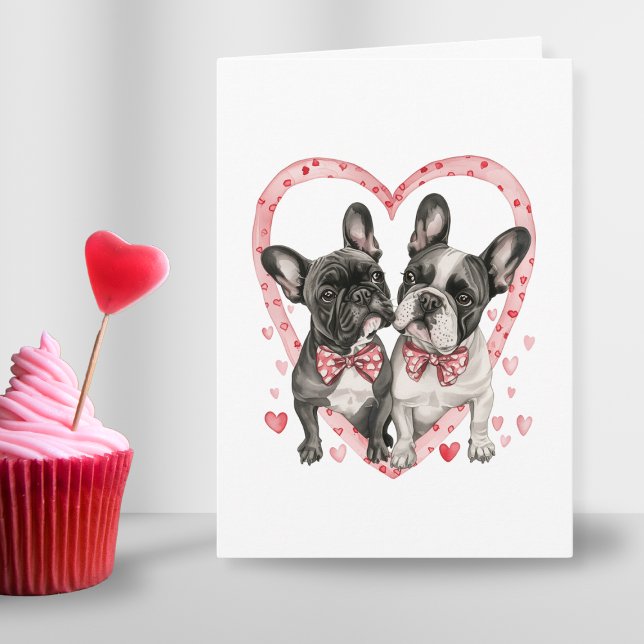 Cute French Bulldog Valentines Day Love Quote      Holiday Card (french bulldog couple in love cute valentines day heart red pink card for dog parents in watercolor)