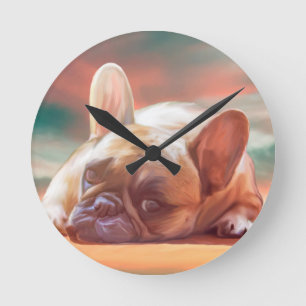 Cute French Bulldog Water Colour Art Painting Round Clock