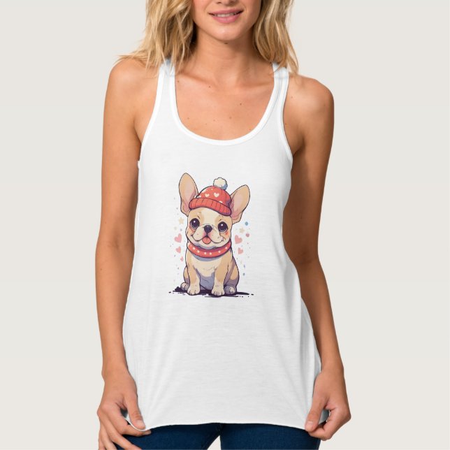 Cute French Bulldog with hat and scarf Singlet (Front)