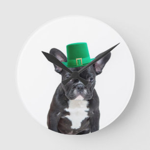 Cute French Bulldog with Hat St. Patrick's Day Round Clock