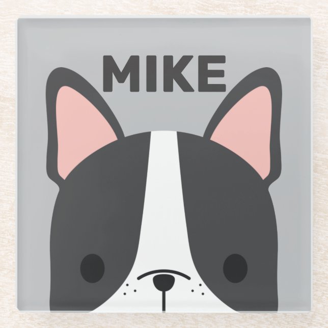 Cute French Bulldog with Personalised Name Glass Coaster (Front)