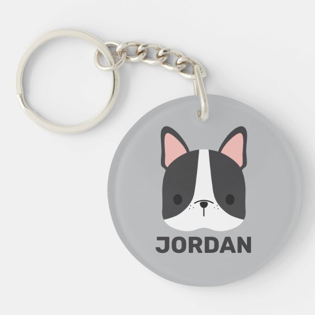 Cute French Bulldog with Personalised Name Key Ring (Front)