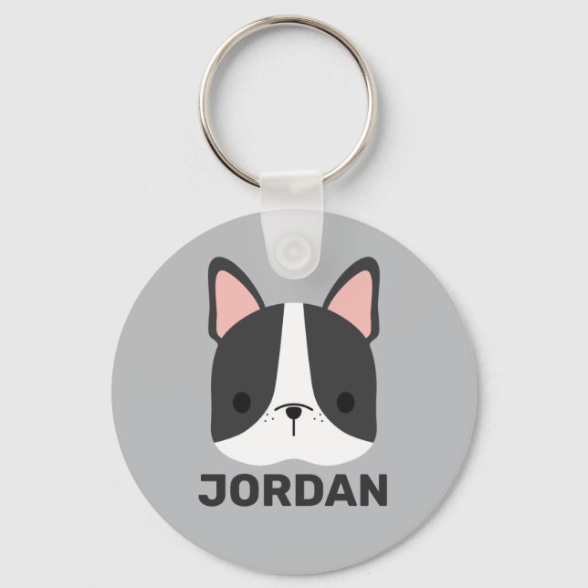 Cute French Bulldog with Personalised Name Keychai Key Ring (Front)