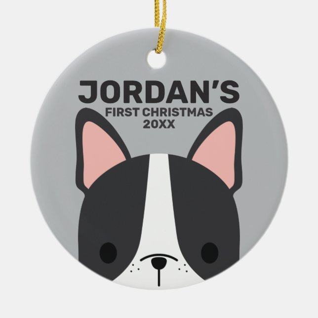 Cute French Bulldog with Personalized Name Ceramic Tree Decoration (Front)