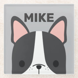 Cute French Bulldog with Personalized Name Glass Coaster