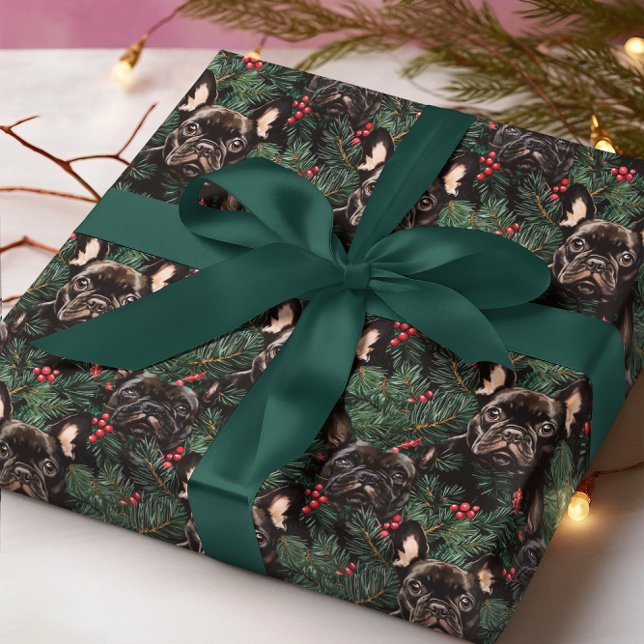 Cute French Bulldogs Christmas Pine Wrapping Paper (Creator Uploaded)