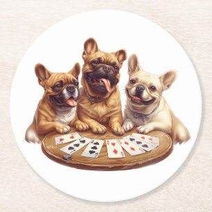 Cute French Bulldogs Playing Cards Round Paper Coaster