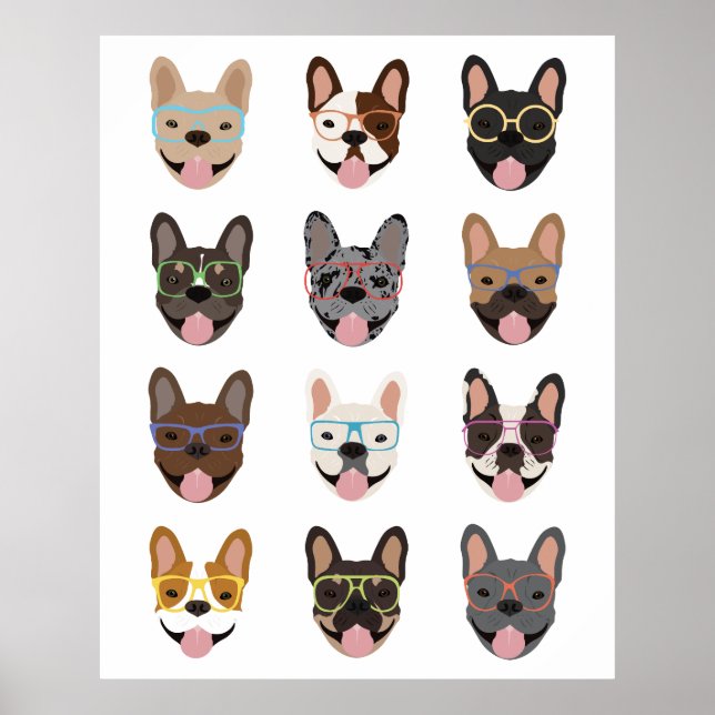 Cute French Bulldogs Wearing Glasses Poster (Front)