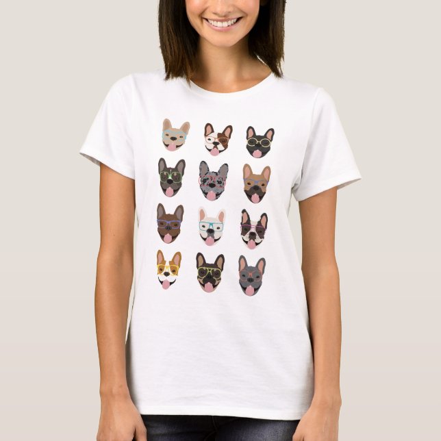 Cute French Bulldogs Wearing Glasses T-Shirt (Front)