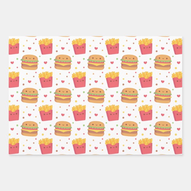 Cute French Fries and Burger Pattern Wrapping Paper Sheet (Front)