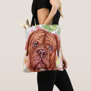 Cute French Mastiff With Pink Flower Pattern Tote Bag