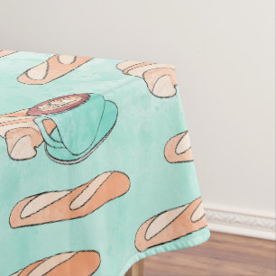 Cute French Pastries and Cappuccino   Pastel Blue Tablecloth