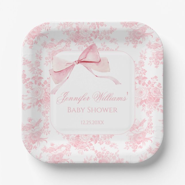 Cute French Pink Toile Floral Bow Baby Girl Shower Paper Plate (Front)