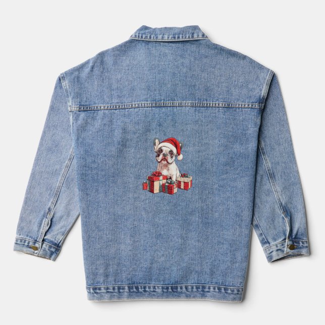 Cute Frenchie Santa Hat Funny Christmas French Bul Denim Jacket (Back)