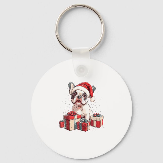 Cute Frenchie Santa Hat Funny Christmas French Bul Key Ring (Front)