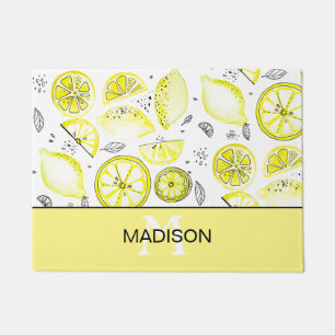 Cute Fresh Lemon Citrus Doodle Yellow Monogram Doormat
