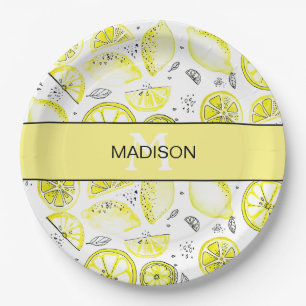 Cute Fresh Lemon Citrus Doodle Yellow Monogram Paper Plate