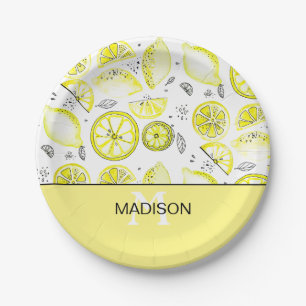 Cute Fresh Lemon Citrus Doodle Yellow Monogram Paper Plate