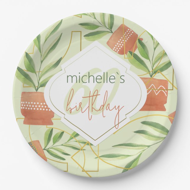 Cute Fresh Plants In Ceramic Pots Watercolor  Paper Plate (Front)