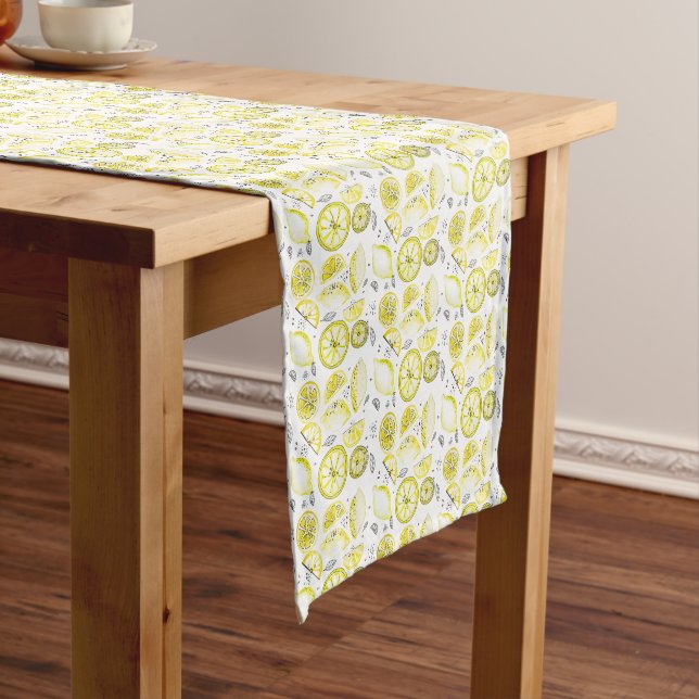 Cute Fresh Summer Lemon Citrus Doodle Yellow Short Table Runner (In Situ)
