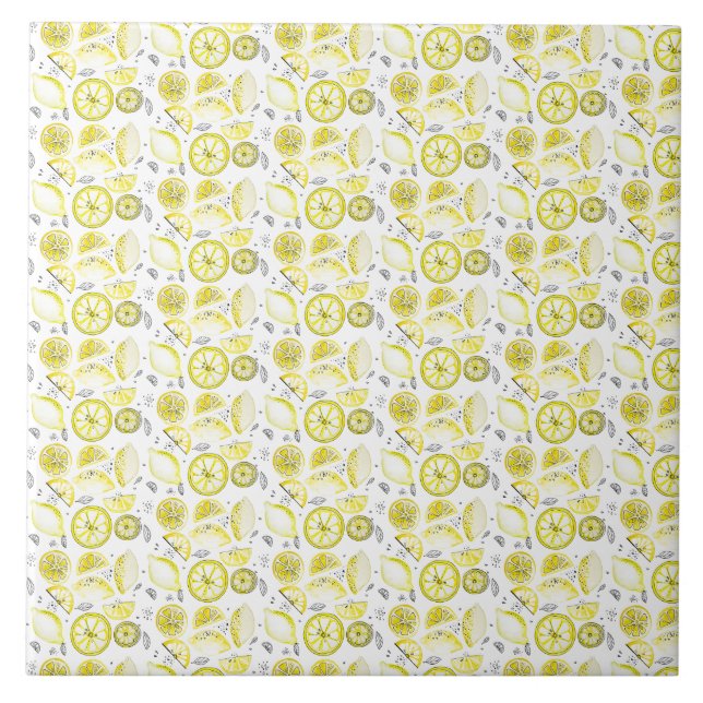 Cute Fresh Summer Lemon Citrus Doodle Yellow Tile (Front)