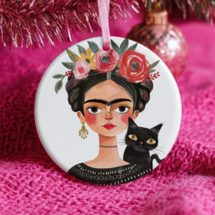 Cute Frida Kahlo& Black Cat Feline Pet Name& Photo Ceramic Tree Decoration