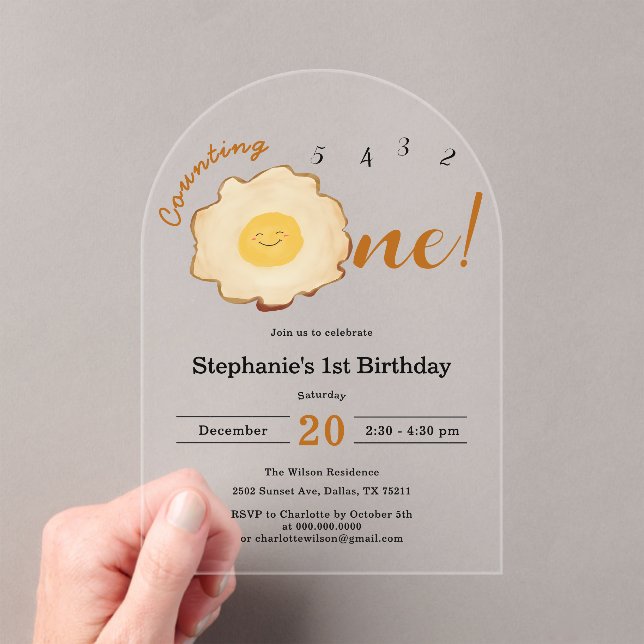Cute Fried Egg 1st Birthday Acrylic Invitations (Insitu (Handheld))