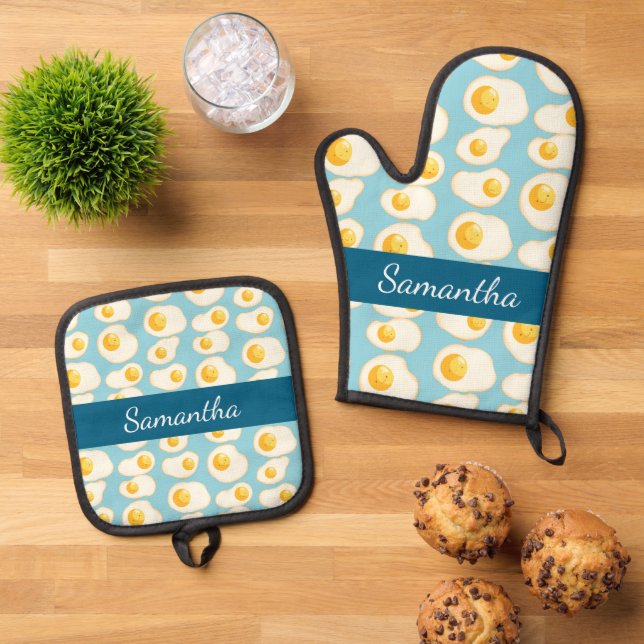 Cute Fried eggs Oven Mitt & Pot Holder Set (Top Down)