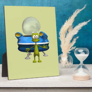 Cute Friendly Alien UFO Cartoon Space Art Plaque