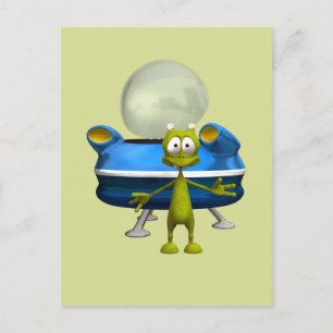 Cute Friendly Alien UFO Cartoon Space Art Postcard