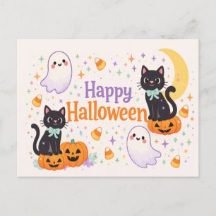 Cute Friendly Cats Ghosts Pumpkins Halloween Holiday Postcard