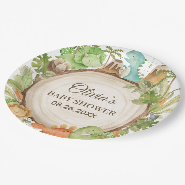 Cute Friendly Dinosaur Baby Shower Birthday  Paper Plate (Angled)