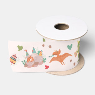 Cute Friendly Dinosaurs Green Satin Ribbon 