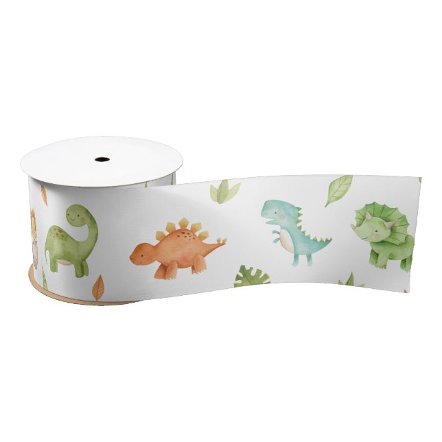 Cute Friendly Dinosaurs Leafy Blue Green Orange  Satin Ribbon (Spool)