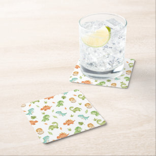 Cute Friendly Dinosaurs Party T-Rex Brontosaurus Square Paper Coaster