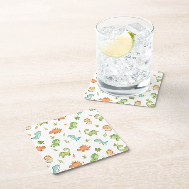 Cute Friendly Dinosaurs Party T-Rex Brontosaurus Square Paper Coaster (Insitu)