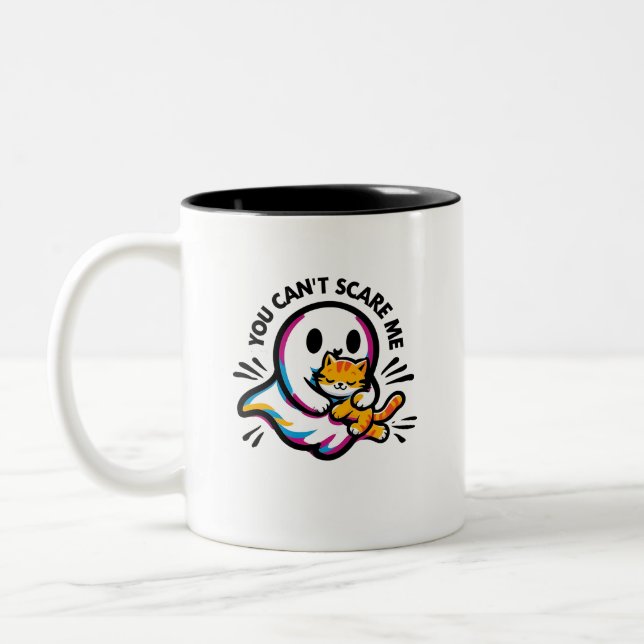 Cute Friendly Ghost and Cat Whimsical HalloweenMug Two-Tone Coffee Mug (Left)