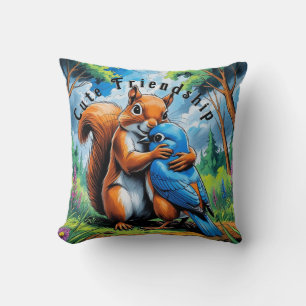 Cute Friendship Between Squirrel and Bluebird Cushion