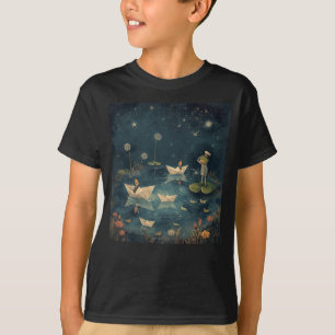 Cute Frog Admiral & Mice Paper Boats Starry Pond T-Shirt