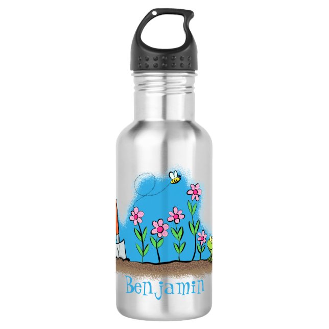 Cute frog and bee in garden cartoon illustration 532 ml water bottle (Front)