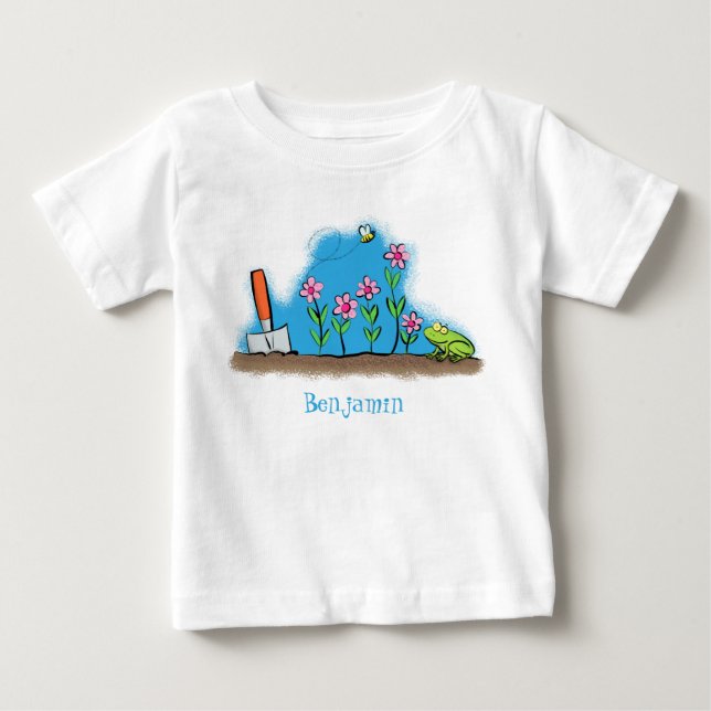 Cute frog and bee in garden cartoon illustration baby T-Shirt (Front)