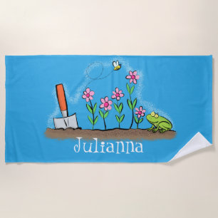 Cute frog and bee in garden cartoon illustration beach towel