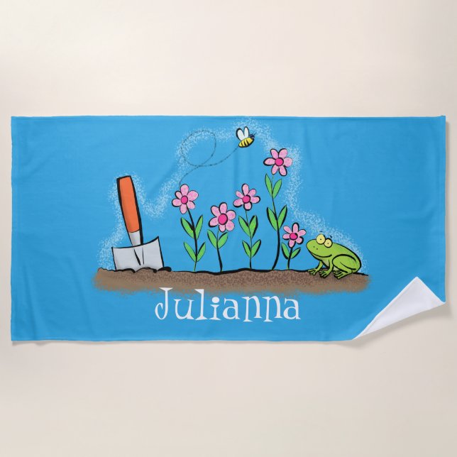 Cute frog and bee in garden cartoon illustration beach towel (Front)
