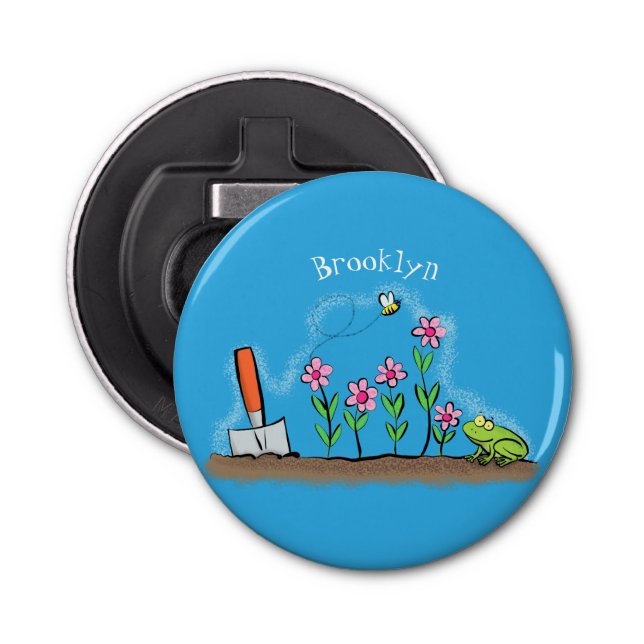 Cute frog and bee in garden cartoon illustration bottle opener (Front)