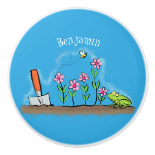 Cute frog and bee in garden cartoon illustration ceramic knob
