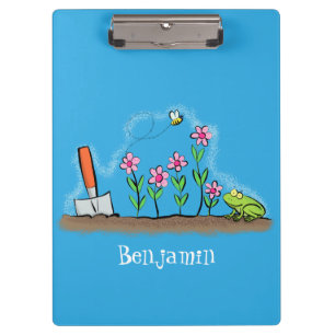 Cute frog and bee in garden cartoon illustration clipboard