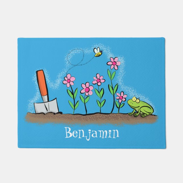 Cute frog and bee in garden cartoon illustration doormat (Front)